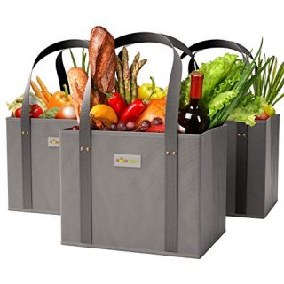 GOOZEBURRY Reusable Washable Grocery Bags - Set of 3 - 30 lbs Collapsible Shopping Tote - Long Handles - Large Foldable Box Bag - Reinforced Sides - Bottom Durable Eco-Friendly Heavy Duty (Grey)