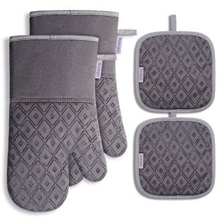 Hostaque Oven Mitts and Pot Holders 4pcs Set, Kitchen Oven Glove High Heat Resistant Extra Long Oven Mitts and Potholder with Non-Slip Silicone Surface for Cooking, Baking (Gray)