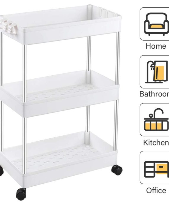 SPACEKEEPER 3-Tier Slide Out Storage Cart Rolling Utility Cart Storage Shelf Rack Mobile Storage Organizer Shelving for Office, Kitchen, Bedroom, Bathroom, Laundry Room & Dressers, White