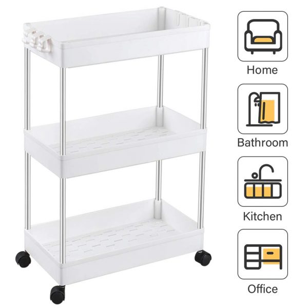 SPACEKEEPER 3-Tier Slide Out Storage Cart Rolling Utility Cart Storage Shelf Rack Mobile Storage Organizer Shelving for Office, Kitchen, Bedroom, Bathroom, Laundry Room & Dressers, White