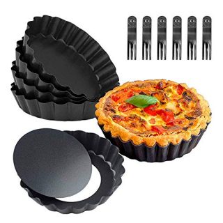 6 Pcs Tart Pans 4 inch Removable Bottom Quiche Pans Non-Stick Round Carbon Steel Tart Tins with 6 Pack Plastic Forks