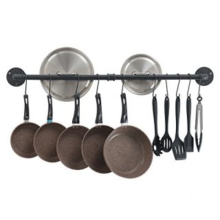 OROPY 39 inch Pot Bar Rack Wall Mounted Detachable Pans Hanging Rail Kitchen Lids Utensils Hanger with 14 S Hooks Black