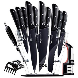 Knife Set, OOU Kitchen Knife Set, 15 Pieces Forged Full Tang High Carbon Stainless Steel fixed with Triple Rivets, BO Oxidation for Anti-rusting, Ultra Sharp & Durable, Black Chef Series