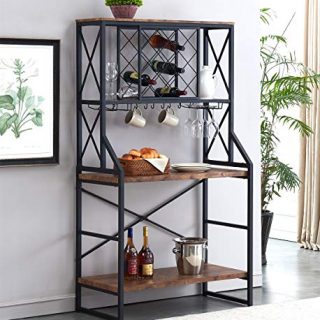 HOMYSHOPY Wine Bakers Rack, Industrial Wine Rack Table with Stemware Holder and Storage Hooks, Vintage Brown