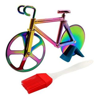 Bicycle Pizza Cutter Wheel, Supuca Stainless Steel Pizza Slicer with BBQ Brush and Stand, Non-Stick Dual Cutting Wheels - Cool Kitchen Gadget Gift