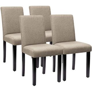 Furniwell Dining Chairs Fabric Upholstered Parson Urban Style Kitchen Side Padded Chair with Solid Wood Legs Set of 4 (Beige)