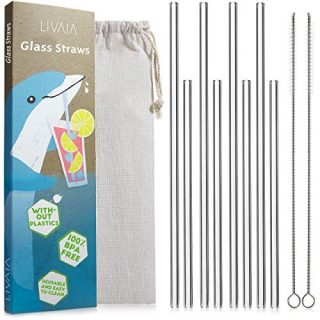 Glass Straws Drinking Reusable With Case: 8 Clear Glass Straws with Straw Brush in 2 sizes and a Cotton Bag - Straws Reusable, Dishwasher Safe and Environmentally Friendly - Clear Straws by LIVAIA