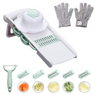 WORTHBUY Mandoline Slicer with Cut-Resistant Gloves, Hand Protector and Peeler - Multi Blade Adjustable Mandolin Vegetable Slicer and Potato Chips Cutter, Food Slicer, Vegetable Julienne(Green)
