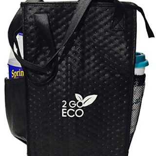 2GOECO Insulated Lunch Tote Bag | Wine and Water Bottle Carrier | Tall Thermal Cooler | Black