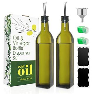 Rocinha Olive Oil Dispenser Bottle, Oil Dispenser Bottle for Kitchen, Dark Green Olive Oil Bottle,Oil Dispenser with Stainless Steel Funnel, Pour Spouts, Labels,2 Pack 17oz