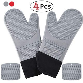 HmiL-U Silicone Oven Mitts | Pot Holders-1 Pair of Extra Long Heat Resistant up to 500 F Cooking Gloves with 2 PotHolders for Kitchen, Cooking, Baking,BBQ (Gray)
