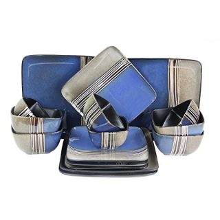 Elama Square Stoneware Loft Collection Dinnerware Dish Set, 16 Piece, Blue and Tan with White Accents