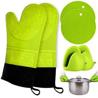 RFAQK Oven Mitts and Pot Holder- Extra Long Silicone Oven Mitt Heat Resistant with 2 trivets & Mini Pinch Oven Mitts-Food Safe Baking Gloves for Cooking in Kitchen with Soft Inner Lining