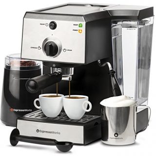 Espresso Machine & Cappuccino Maker with Milk Steamer- 15 Bar Pump, 7 Pc All-In-One Barista Bundle Set w/ Built-in Frother (Inc: Coffee Bean Grinder, Milk Frothing Cup, Tamper & 2 Cups), 1350W (Silver)