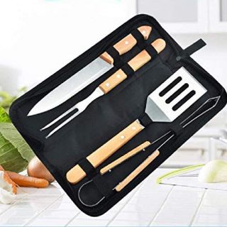 Global-store 9 Piece BBQ Tools, Grilling Utensil Set, Grill Accessories with Grill Tongs, Grilling Spatula, Grill Fork, Silicone Basting Brush and Kabob Skewers for Kitchen, Barbecue, Camp