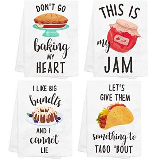 CiyvoLyeen Baking Kitchen Towels Set of 4 Dish Towels White Hand Towels Kit Printed with Funny Sayings Novelty Gift for Christmas Housewarming Birthday Party Watercolor Style