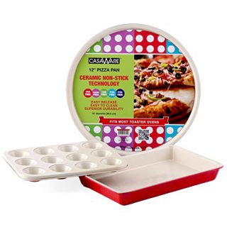 casaWare Toaster Oven 3pc Set Ceramic Coated Non-Stick (Cream/Red)