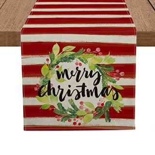 Artoid Mode Red Stripes Flower Wreath Merry Christmas Table Runner, Seasonal Winter Xmas Holiday Tablecloth Kitchen Dining Table Linen for Indoor Outdoor Home Party Decor 13 x 72 Inch