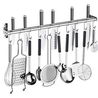 Kitchen Sliding Hooks, Stainless Steel Hanging Rack Rail Organize Kitchen Tools with 10 Utensil S Hooks for Towel, Pot and Pan, Spoon, Coats, Bathrobe, BBQ Tools,Cookware