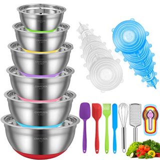 Mixing Bowls, CHAREADA 30pcs Stainless Steel Nesting Mixing Bowls Set for Space Saving Storage – Colorful Non-slip Silicone Bottom, Size 7, 5.5, 4, 3.5, 2.5, 2 QT, Fit for Mixing & Serving