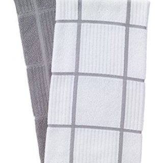 T-Fal Textiles 60954 2-Pack Solid & Check Parquet Design 100-Percent Cotton Kitchen Dish Towel, Gray, Solid/Check-2 Pack