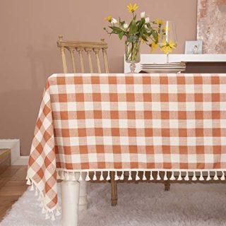 Midsummer Breeze Rustic Plaid Tassel Tablecloth-Country Style Buffalo Check Cotton Table Cloth for Fall Thanksgiving Kitchen Dinning Restaurant Tabletop Decoration(Rectangle/Oblong, 52x70,Orange)