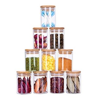 10 Piece Glass Storage Jars Set with Airtight Bamboo Lids, 5oz Glass Spice Jars-Mini Food Storage Containers for Home Kitchen, Tea, Herbs, Sugar, Salt, Coffee, Flour, Herbs, Grains