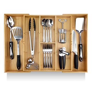 Pristine Bamboo Expandable Drawer Organizers for Kitchen - Extra Deep Non-Slip 17” x 14.6” (expands up to 25 inches) - Dark Wooden Silverware Divider (10 Compartments) – Organize Cooking Utensils