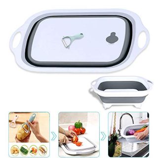 Collapsible Cutting Board, Chopping Board with Colander, Multifunction Kitchen Plastic Silicone Dish Tub for Washing and Draining Veggies Fruits Storage Basket with a Ceramic Peeler