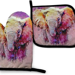 YISONG Watercolor Elephant Oven Mitt and Pot Holder, Heat Resistant Hot Plate Moving Non-Slip Kitchen Glove & Potholder for Cooking,Baking,Grilling