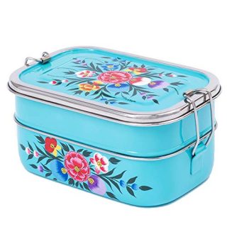 Handpainted Stainless Steel Tiffin Box - 3-Tier Divided Container, Eco Gift, Easy Clean Metal Bento Box for Adults, Lunch Box for Teen Girls, Large Turquoise