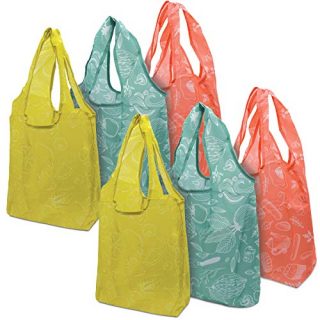 19x15x4.5 Folding Reusable Grocery Bags – Eco-Friendly Lightweight Folding Ripstop Nylon Shopping Bags With Interior Pocket Shopping and Grocery Bags, Washable Waterproof – Pack of 6