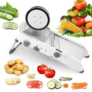 Karidge Mandoline Slicer Adjustable Thickness Vegetable Grater Julienne Slicer, Fruit Slicer, French Fry Cutter, Food Waffle – Kitchen Sharp Stainless Steel Blades Onion Potato Cutter(White)