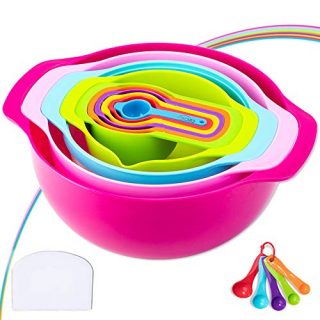 16 Piece Mixing Bowl Set - Colorful Kitchen Bowls Colander Mesh Strainer Plastic Nesting Bowls - with Easy Pour Spout, Colorful, Measure Cups, and Spoons - for Baking, Cooking, and More