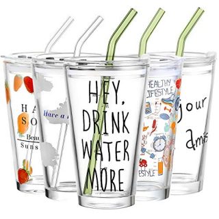 Glass tumblers with Lids and Straws Glass 16 oz Water Bottle Travel Mug with Protective Sleeve