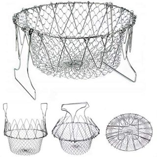 Collapsible Colander Stainless Steel Food Strainer with Handle – Fruit Basket - Vegetable Steamer Basket – Multi Function Over the Sink Kitchen Pasta Strainer - Foldable Deep Fry Basket