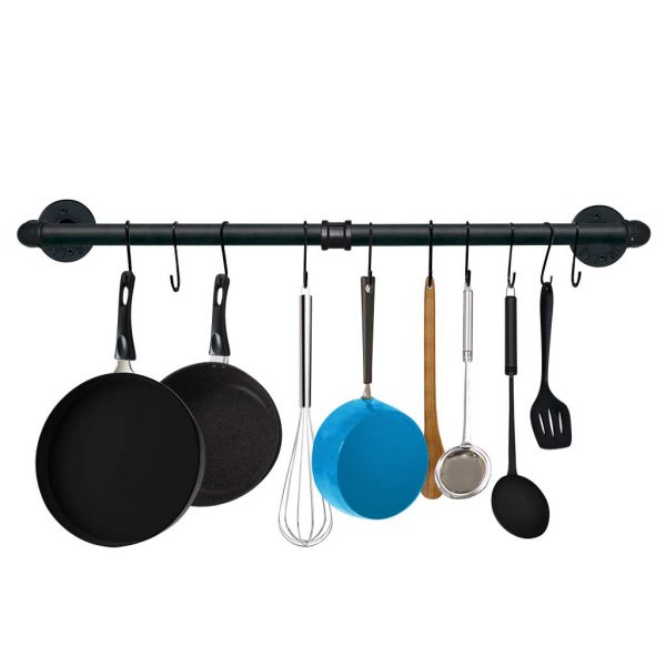 TLBTEK 31.5 Inch Black Pipe Pot Rack Wall Mounted,Pots and Pans Hanging Organizer,Pot Lid Utensil Holder,Coffee Mug Rack,Cup Hanger Bar for kitchen with 10 Detachable S Hooks