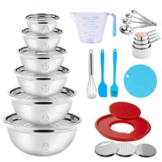 Stainless Steel Mixing Bowls Set, 23PCS Nesting Metal Mixing Bowls with 9.4” Lid, 3 Graters Attachments, Measuring Cups and Spoons Egg Whisk Brush Kitchen Utensils for Cooking Prepping Baking Supplies