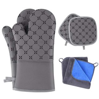 TAOSANHU Oven Mitts and Pot Holders Sets, Heat Resistant 500 Degrees Kitchen Gloves with 2 PCS Kitchen Towels & 2 PCS Hot Pot Holders, Non-Slip Surface
