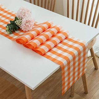 DOLOPL Buffalo Check Fall Table Runner Orange and White Table Runners 12"×72" PVC Easy to Clean Wipeable Washable Modern Farmhouse Table Runner for Dining Kitchen Table Thanksgiving Decorations