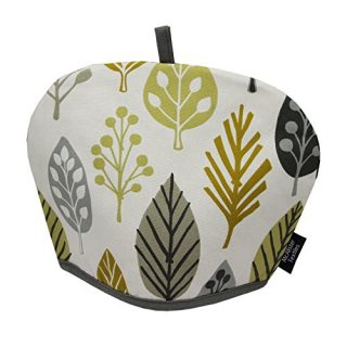 McAlister Textiles Magda Tea Cozy | Yellow + Gray Pattern Decoration Leaf Print Novelty Fall Decor Kitchen Kettle Pot Cover Tea Cosy | Decoration 10 x 14 Inches
