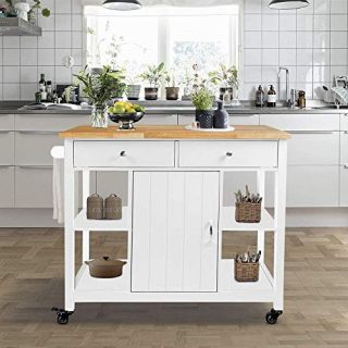 ChooChoo Kitchen Cart on Wheels with Wood Top, Utility Wood Kitchen Islands with Storage and Drawers, Easy Assembly - White