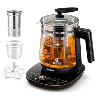 ICOOKPOT Multi-Use Electric Kettle Borosilicate Glass Tea Maker and Programmable Control Panel Base, Includes Filter, Egg Cooker and Yogurt Box, Keep Warm Function Water Pot Kettle, Black