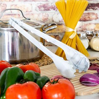 Pasta Tongs with Measuring Tool, 2-in-1 Kitchen Utensil, 12 inches, Marble Grey Premium Spaghetti Server Fork for 1, 2 or 3 Portions - Unique, Stylish Noodle, Tongs for cooking, Salad Servers.
