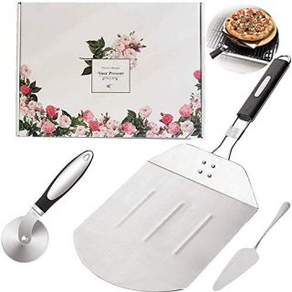 KOKITEA Stainless Steel Pizza Peel with Folding Heat Proof Handle, Stainless Steel Pizza Cutter Wheel with Anti-Slip Grip Handle, Gourmet Luxury Pizza Paddle Set for Baking Homemade Pizza and Bread