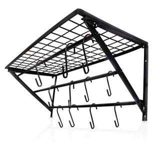 OHMU Wall Mounted Kitchen Pot Rack Storage Shelf with 3 Tier Hanging Rails 20 S Hooks included,for Pans, Utensils, Plant, Books, towels, Black
