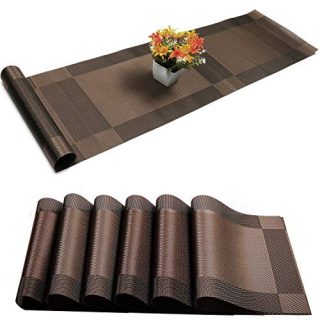 U'Artlines Placemat with Compatible Table Runner, Crossweave Insulation Placemat Washable Table Mats Set (6pcs placemats+Table Runner, Brown)