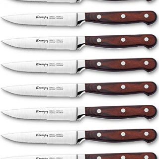 Steak knives, Emojoy Steak knife set, Pakkawood Handle Highly Resistant and Durable, German Stainless Steel Steak Knives Serrated (1 Set of 8-Piece Steak Knives)