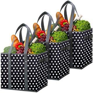Flipzon 3 Pack Reusable Grocery Shopping Bags Water Resistant Collapsible Storage Baskets Bins Box for Groceries(B-W)