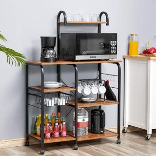 Kealive Kitchen Baker’s Rack, Mobile Microwave Cart 35.5" Utility Storage Shelf, 4+3-Tier Shelf for Spice Rack Organizer Workstation with Wire Basket 10 Hooks, Vintage Black
